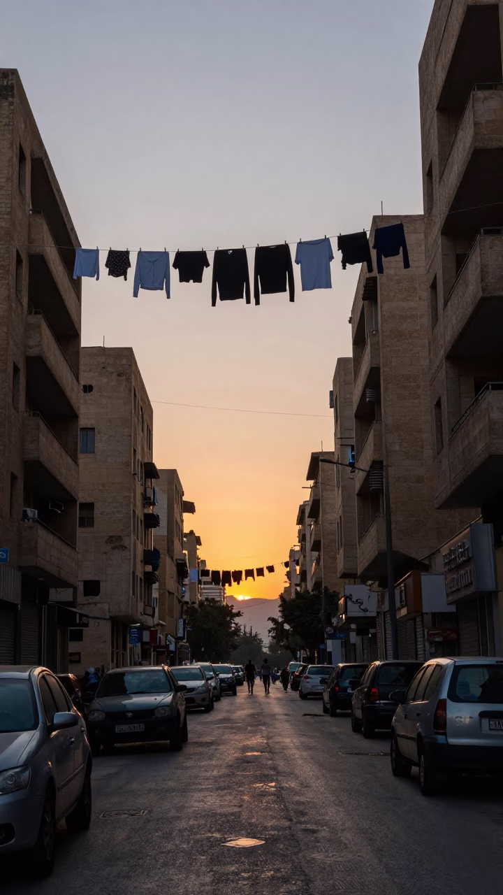 Beirut Lebanon Dusk Street Scene with Concrete Architecture and Hanging Laundry in in Beirut, Lebanon