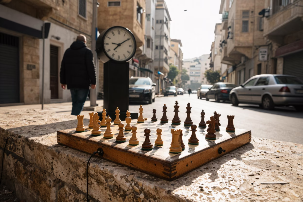 Beirut Lebanon Early Afternoon Street Scene with Chess Clock and Thermos in in Beirut, Lebanon