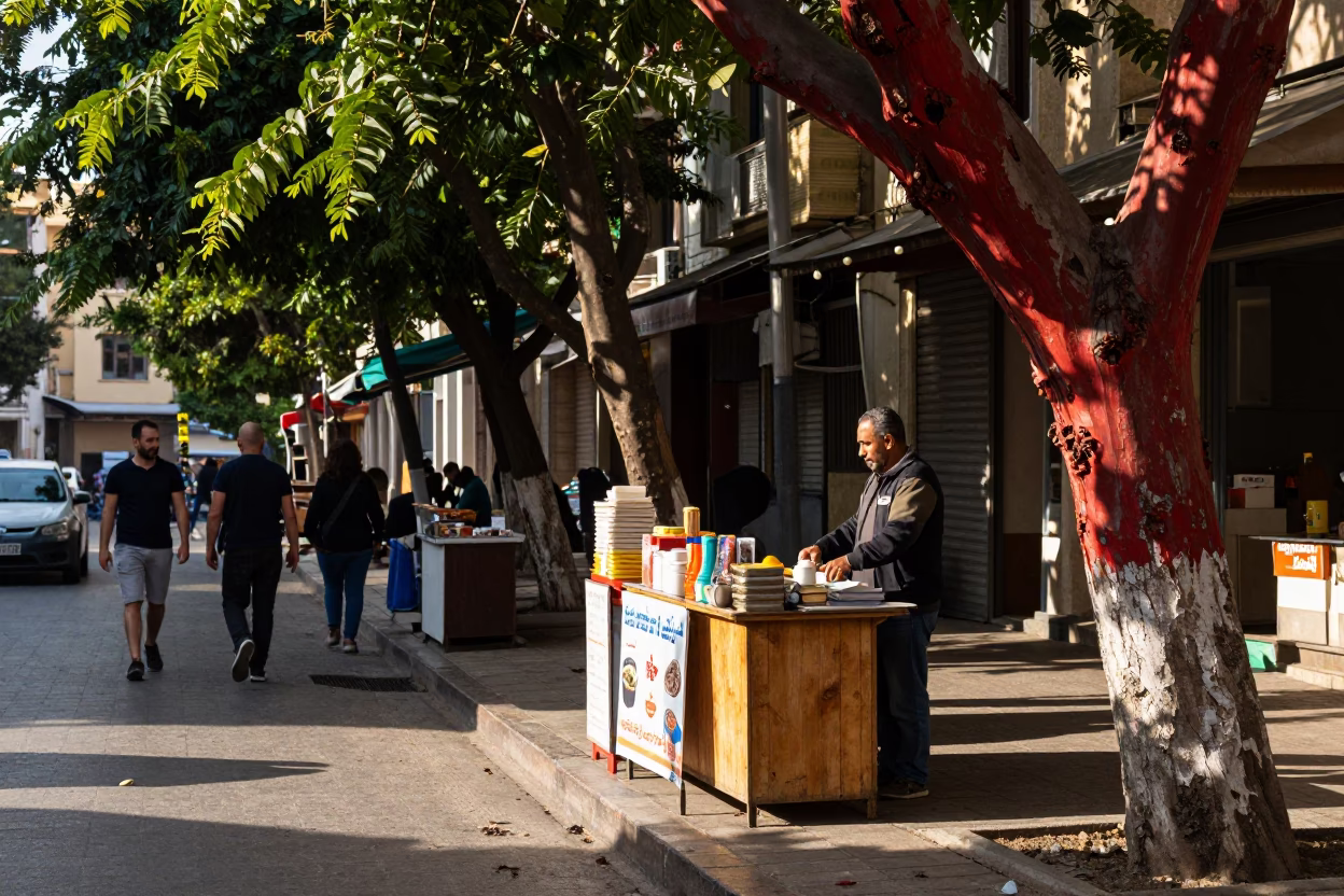 Beirut Lebanon Early Afternoon Street Scene with Local Food and Traditional Elements in in Beirut, Lebanon