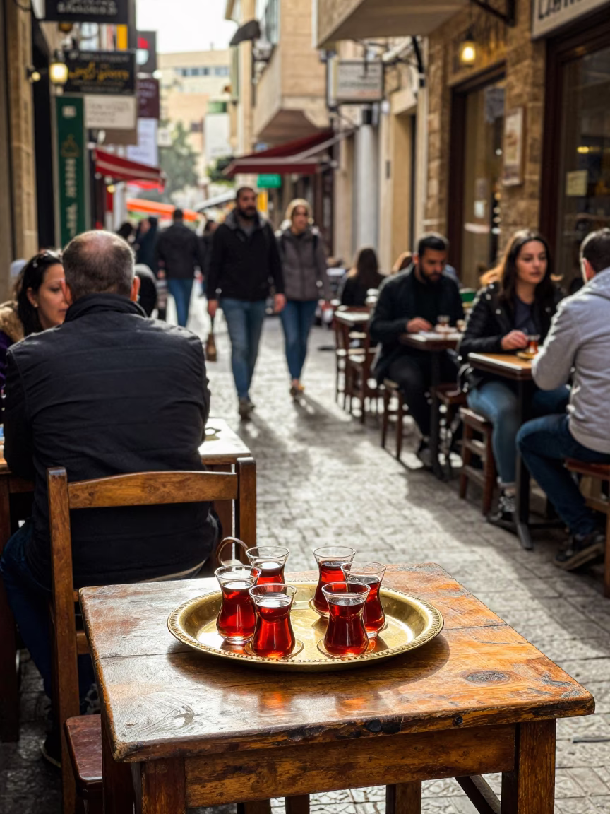 Beirut Lebanon Early Afternoon Street Scene with Traditional Tea Service and Urban Life in in Beirut, Lebanon