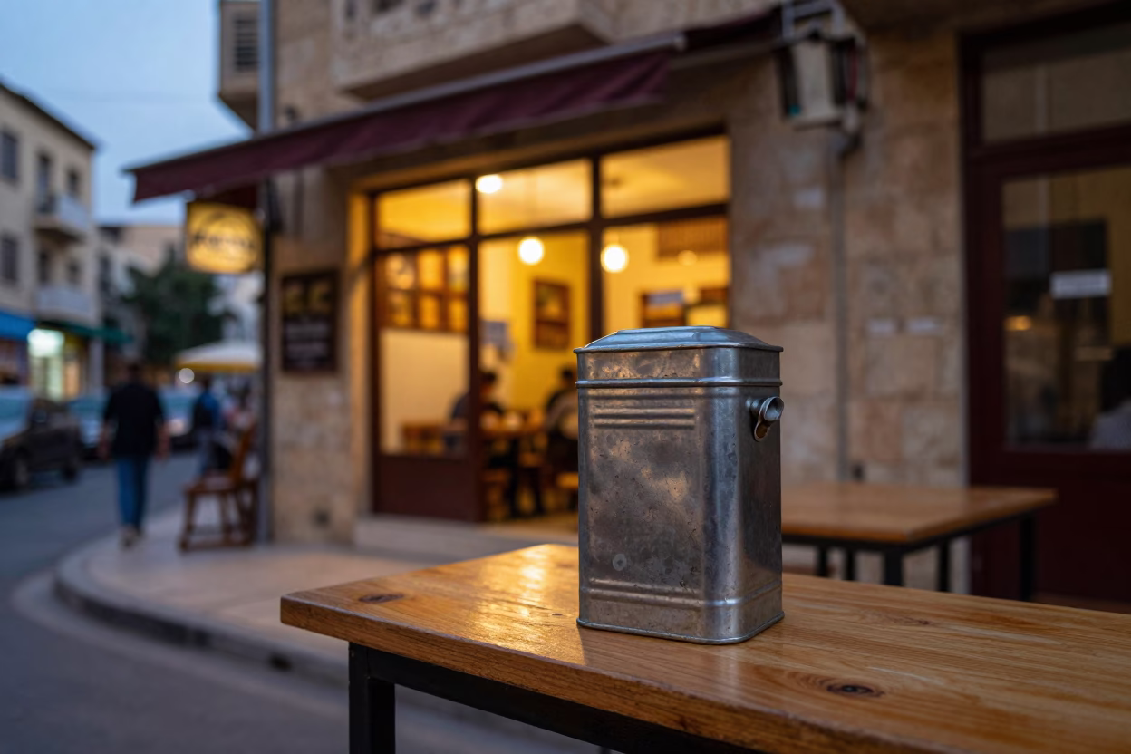 Beirut Lebanon Early Evening Street Scene with Coffee Tin and Pegboard Hook in in Beirut, Lebanon