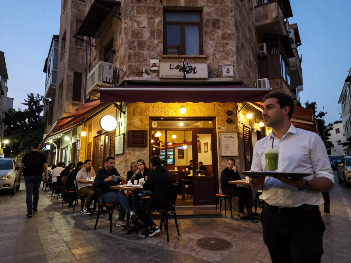 Beirut Lebanon Early Evening Street Scene with Local Cafe Details in in Beirut, Lebanon