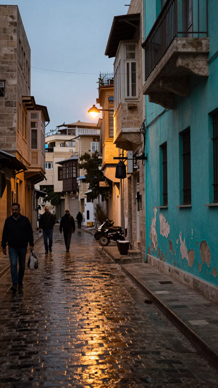 Beirut Lebanon Early Evening Street Scene with Peeling Turquoise Paint and Local Life in in Beirut, Lebanon