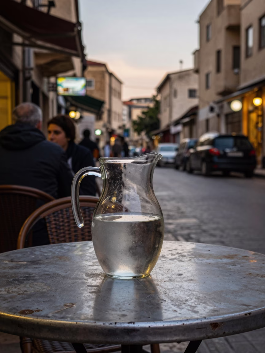 Beirut Lebanon Early Evening Street Scene with Vintage Glass Pitcher and Local Dining in in Beirut, Lebanon