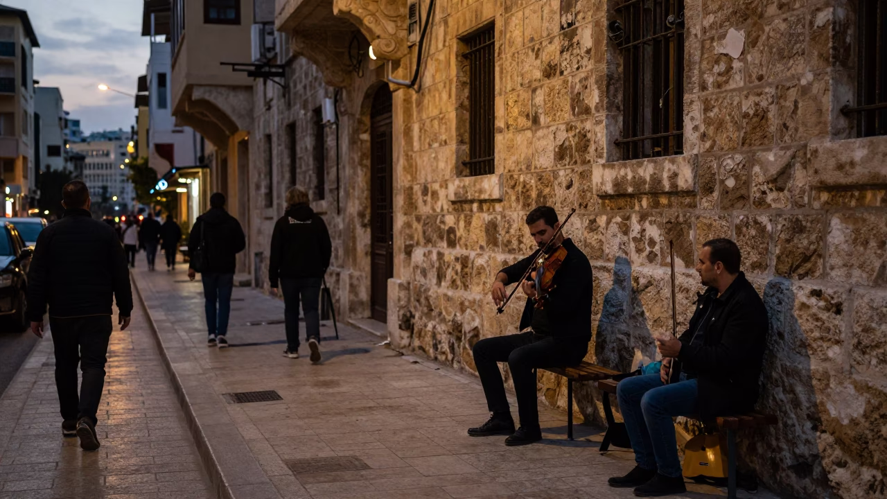 Beirut Lebanon Early Evening Street Scene with Violinist and Local Interaction in in Beirut, Lebanon