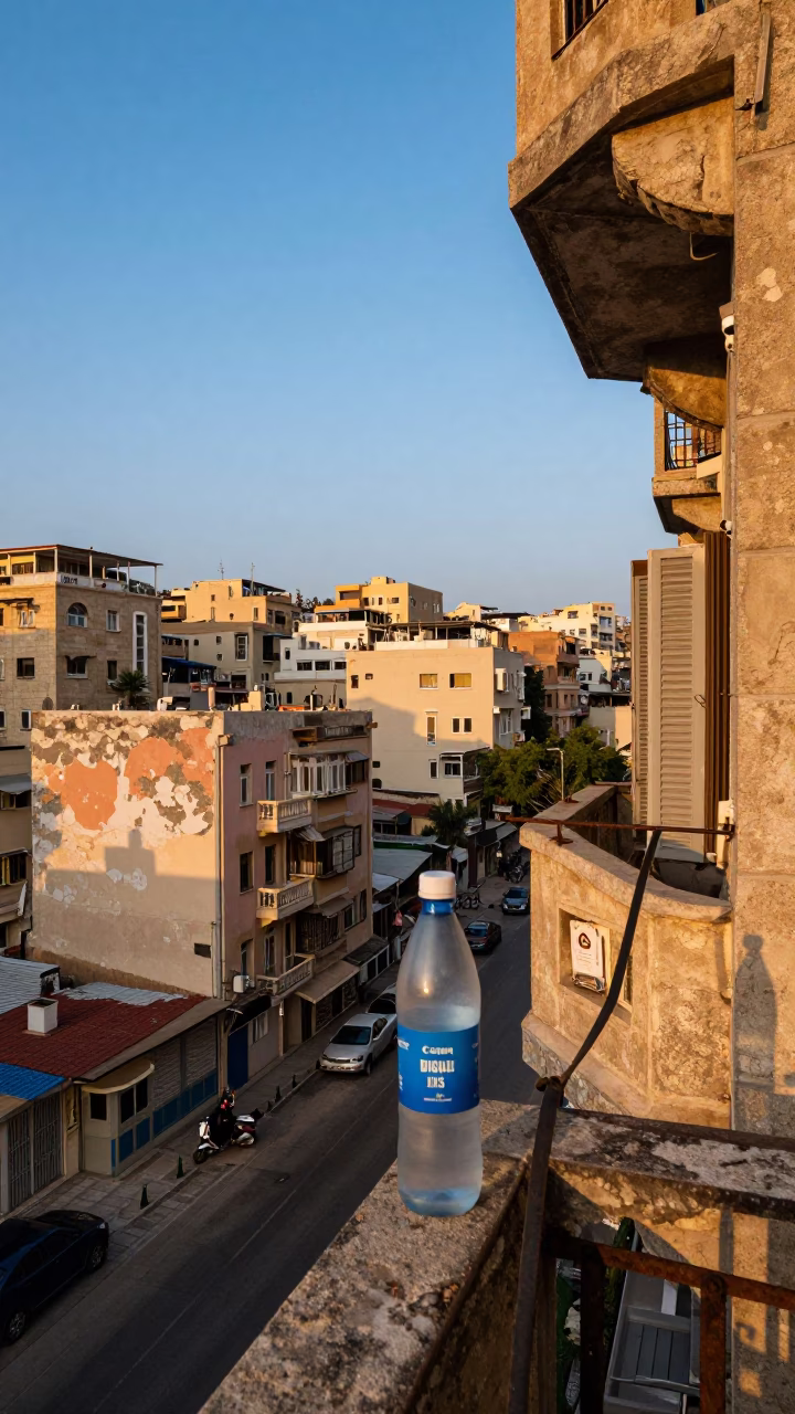 Beirut Lebanon Early Evening Street Scene with Watering Bottle on Balcony in in Beirut, Lebanon