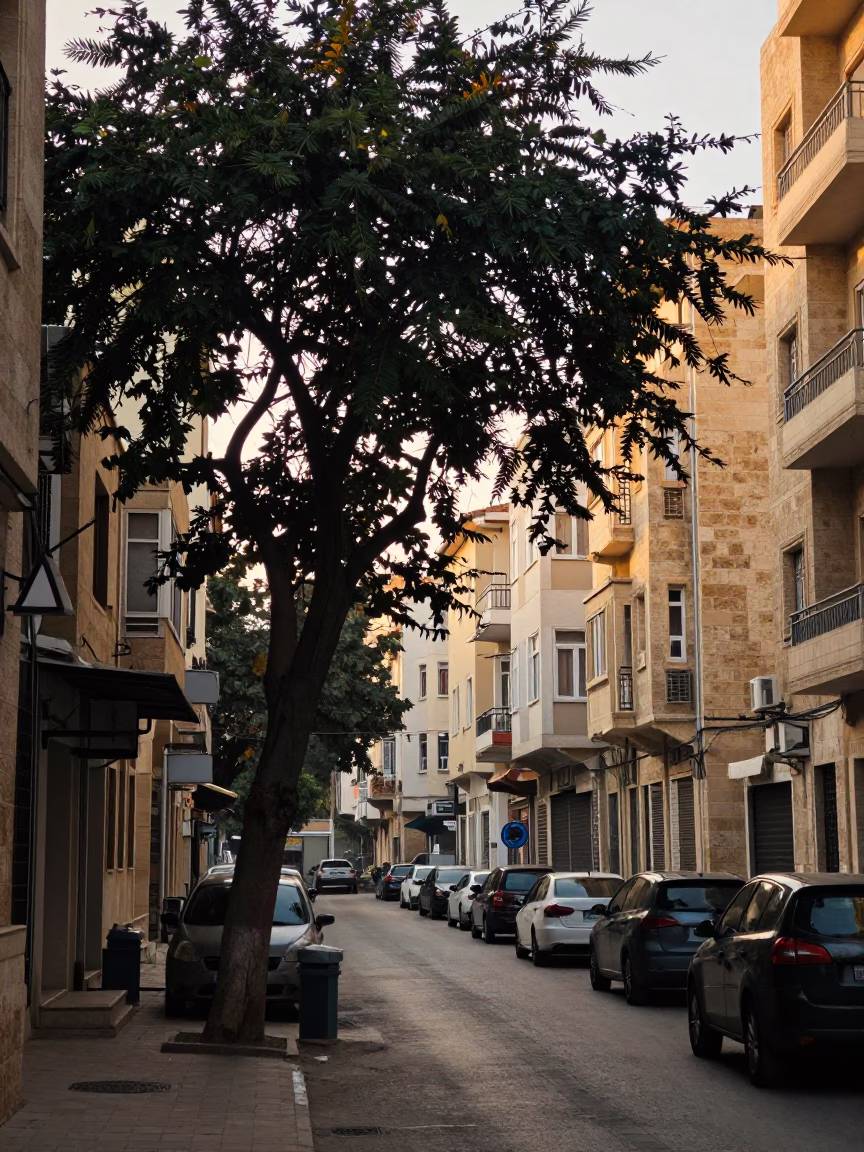 Beirut Lebanon Early Morning Street Scene with Tree and Urban Architecture in in Beirut, Lebanon