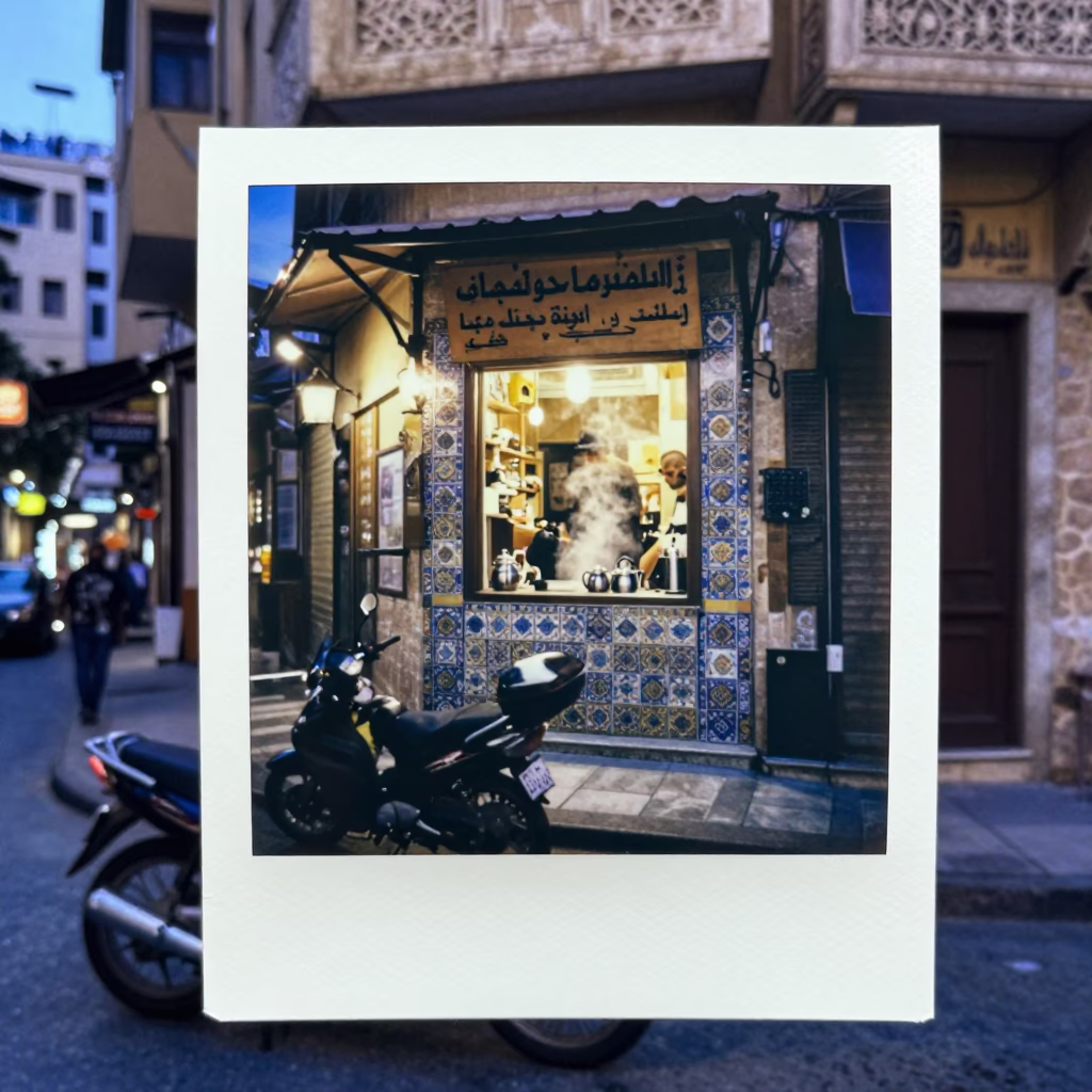 Beirut Lebanon Evening Blue Hour Street Scene with Motorcycle and Teahouse in in Beirut, Lebanon