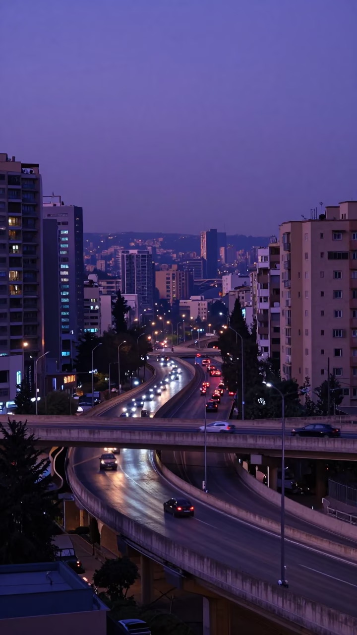 Beirut Lebanon Evening Overpass Interchange Taillight Streaks Violet Sky in in Beirut, Lebanon
