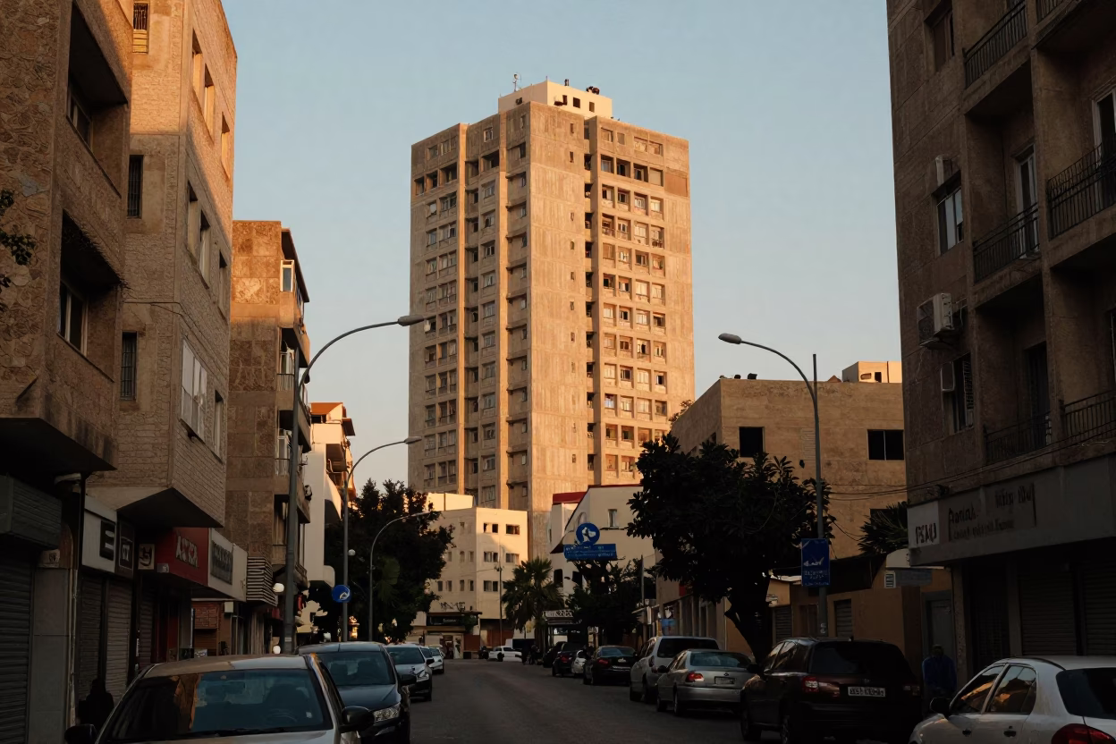 Beirut Lebanon Evening Street Scene with Brutalist Concrete Architecture and Local Life in in Beirut, Lebanon