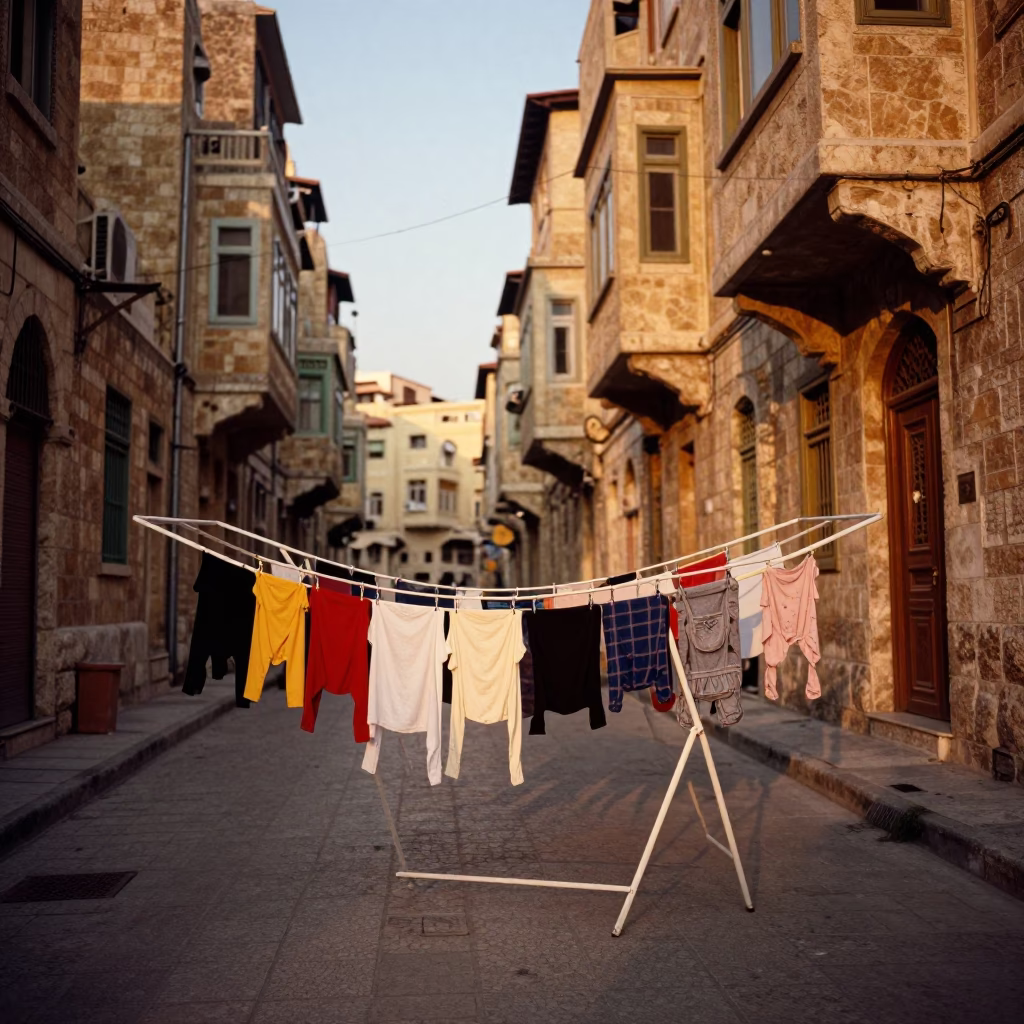 Beirut Lebanon Evening Street Scene with Drying Rack and Traditional Architecture in in Beirut, Lebanon