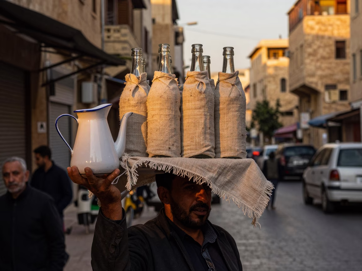Beirut Lebanon Evening Street Scene with Enamel Pitcher and Linen Fringe Bottle in in Beirut, Lebanon