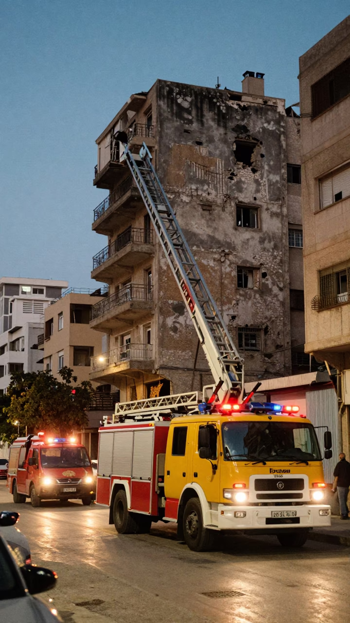 Beirut Lebanon Evening Street Scene with Fire Engine and City Lights in in Beirut, Lebanon