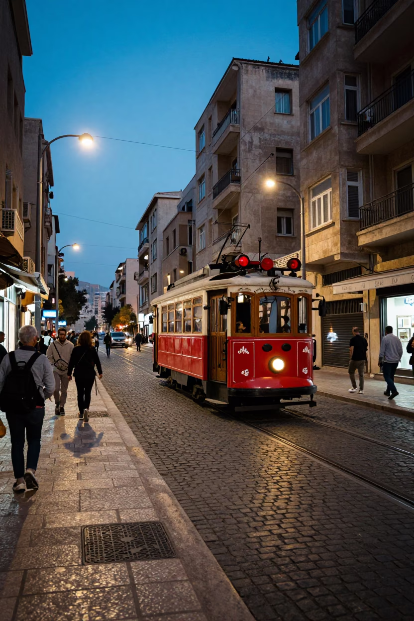 Beirut Lebanon Evening Street Scene with Heritage Tram and Cobblestone Avenue in in Beirut, Lebanon