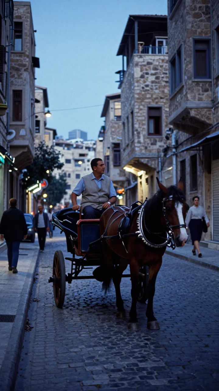 Beirut Lebanon Evening Street Scene with Horse Cart and Cobblestones in in Beirut, Lebanon