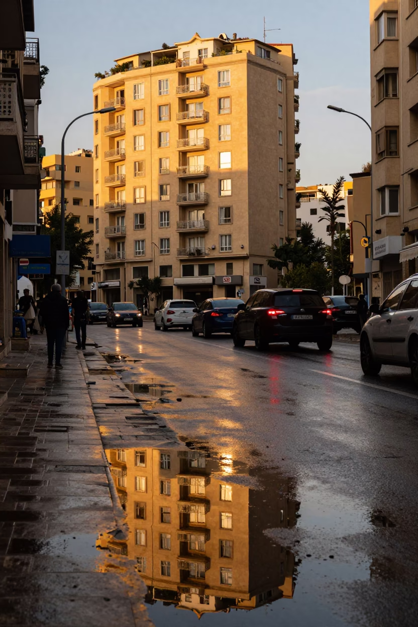 Beirut Lebanon Evening Street Scene with Hotel Window Reflections in Puddle in in Beirut, Lebanon