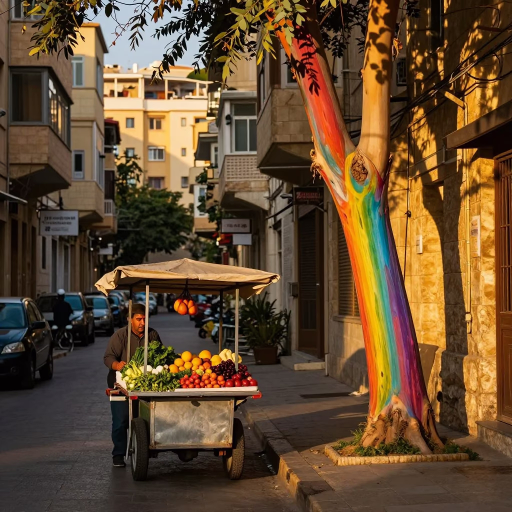 Beirut Lebanon Evening Street Scene with Rolling Carts and Rainbow Eucalyptus Trees in in Beirut, Lebanon