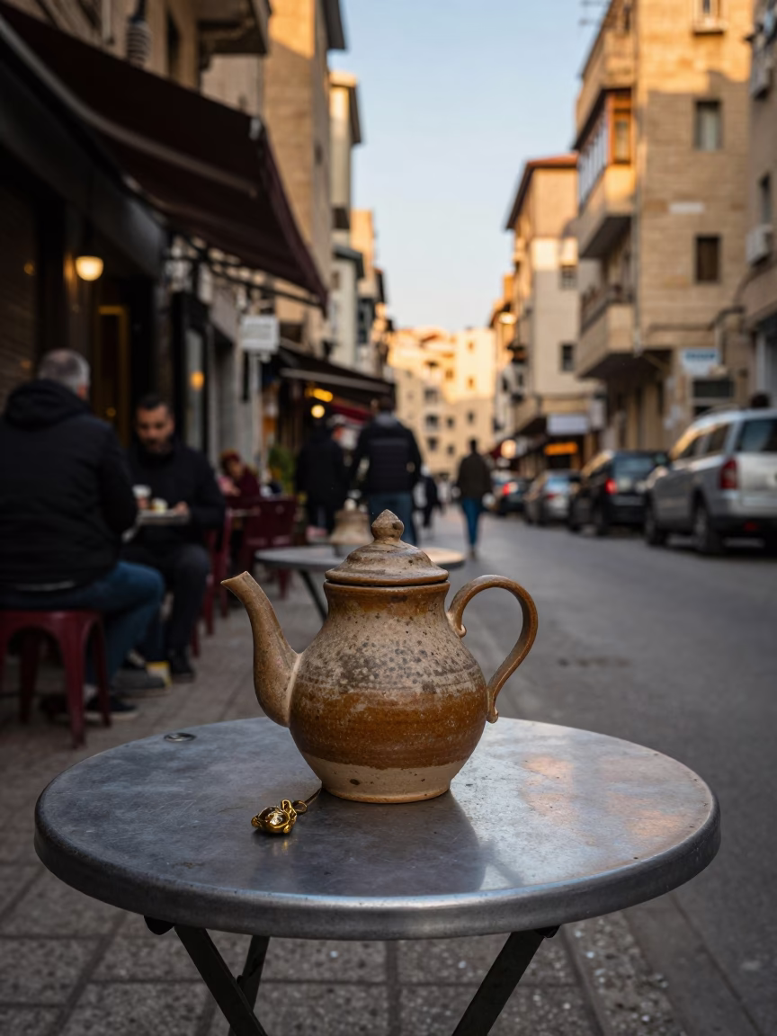 Beirut Lebanon Evening Street Scene with Teapot and Amulet in Honeyed Light in in Beirut, Lebanon