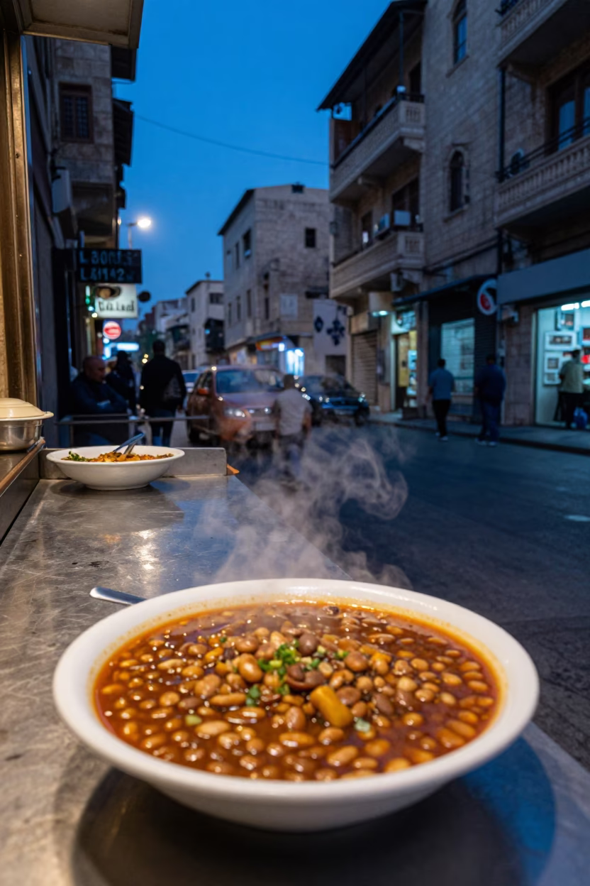 Beirut Lebanon Evening Street Scene with Traditional Fasolia Bean Stew and Bread in in Beirut, Lebanon