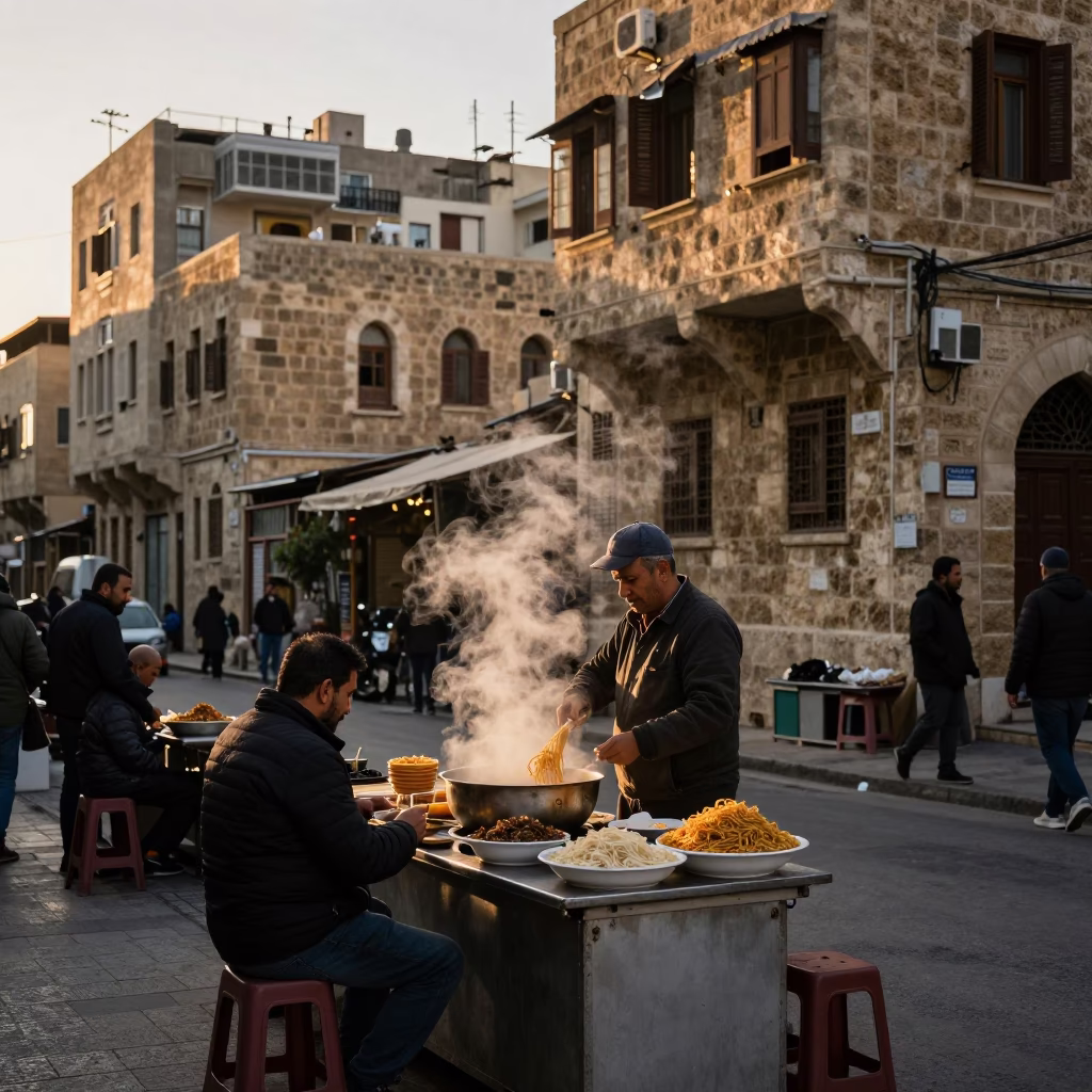 Beirut Lebanon Evening Street Scene with Traditional Food and Local Architecture in in Beirut, Lebanon