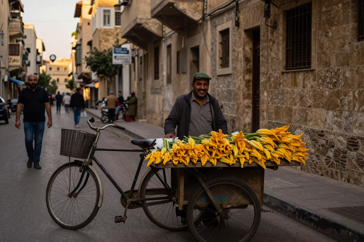 Beirut Lebanon Evening Street Scene with Vintage Bicycle and Local Vendor in Honeyed Light in in Beirut, Lebanon