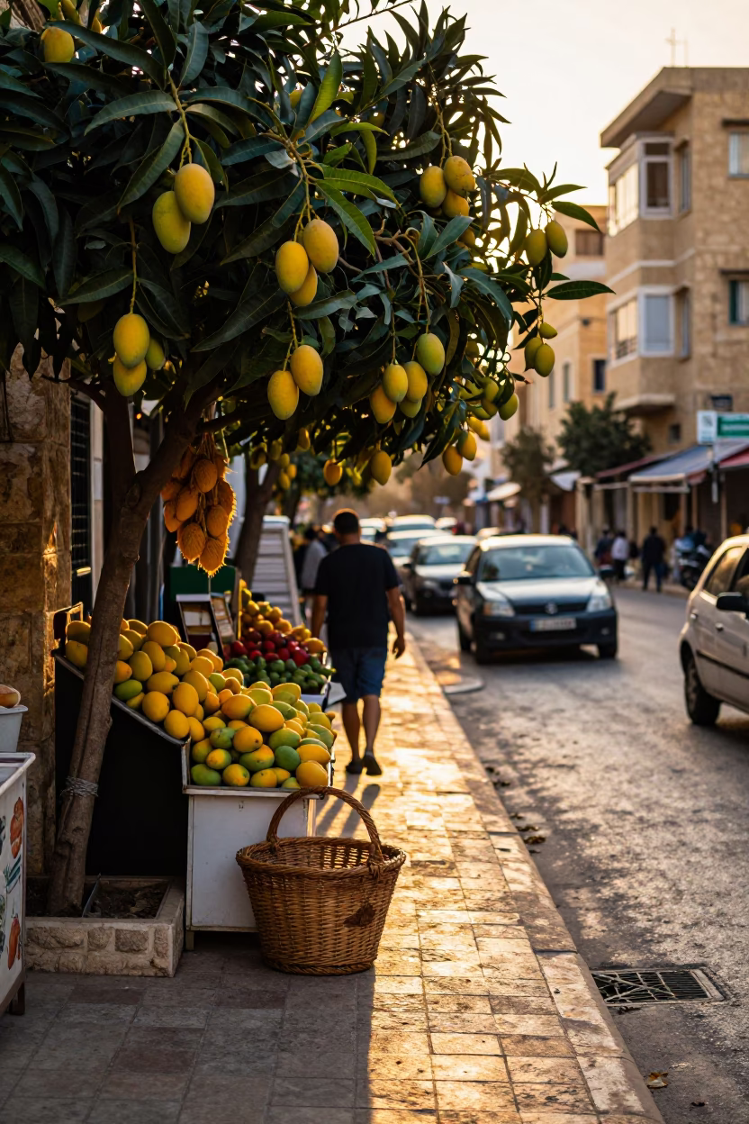 Beirut Lebanon Golden Hour Street Scene with Mango Tree and Wicker Hamper in in Beirut, Lebanon