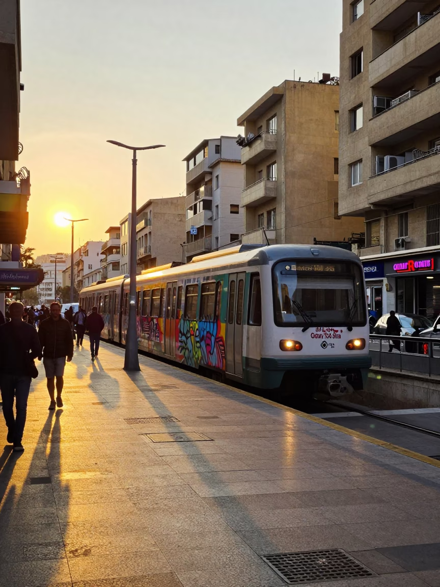 Beirut Lebanon Golden Hour Street Scene with Metro Train and Local Life in in Beirut, Lebanon