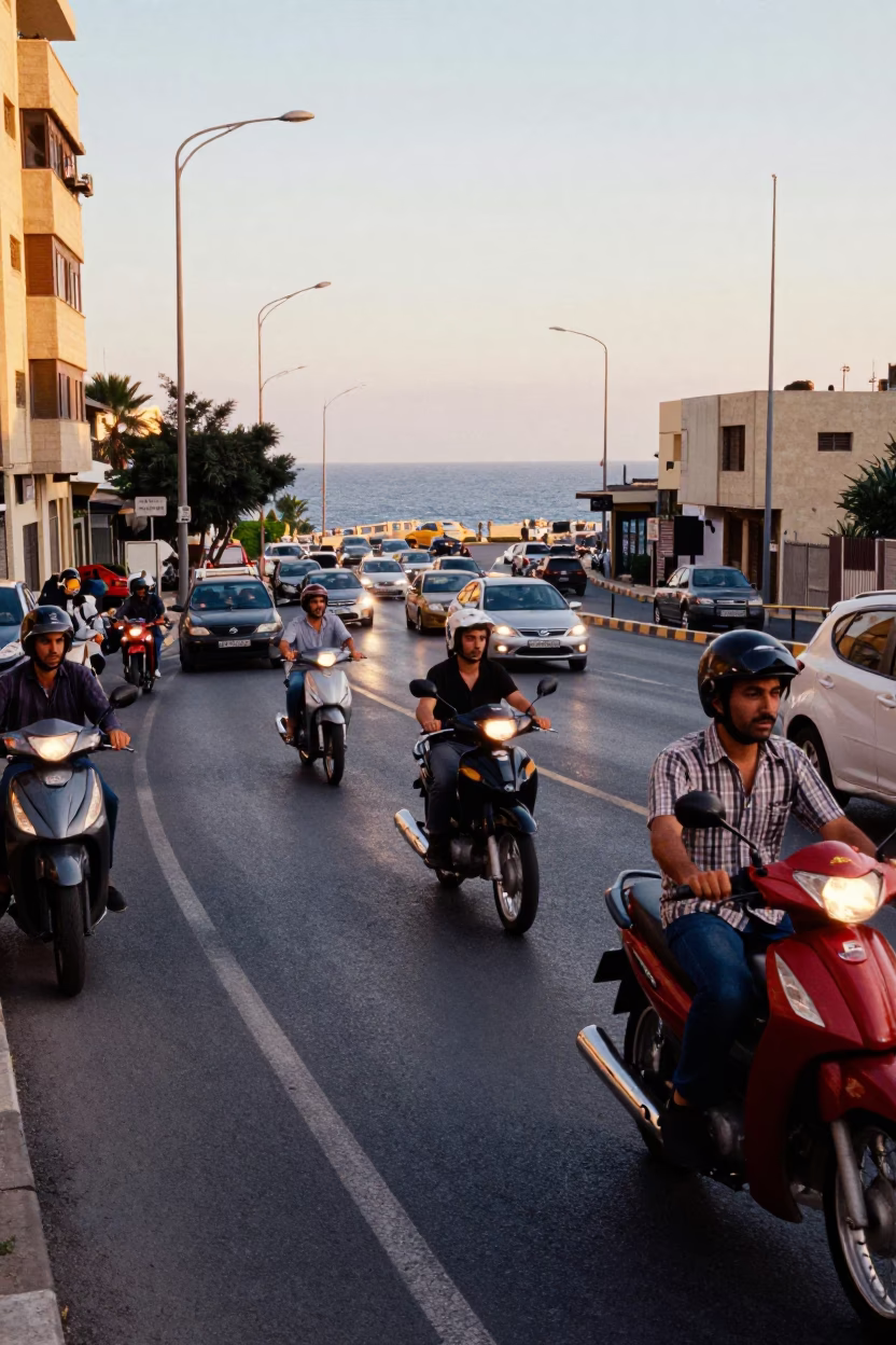Beirut Lebanon Golden Hour Street Scene with Motorcycles and Coastal Highway Traffic in in Beirut, Lebanon