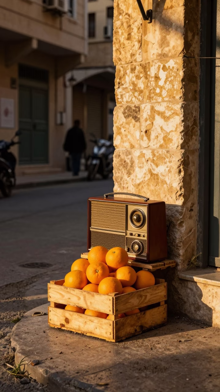 Beirut Lebanon Golden Hour Street Scene with Oranges and Vintage Radio in in Beirut, Lebanon