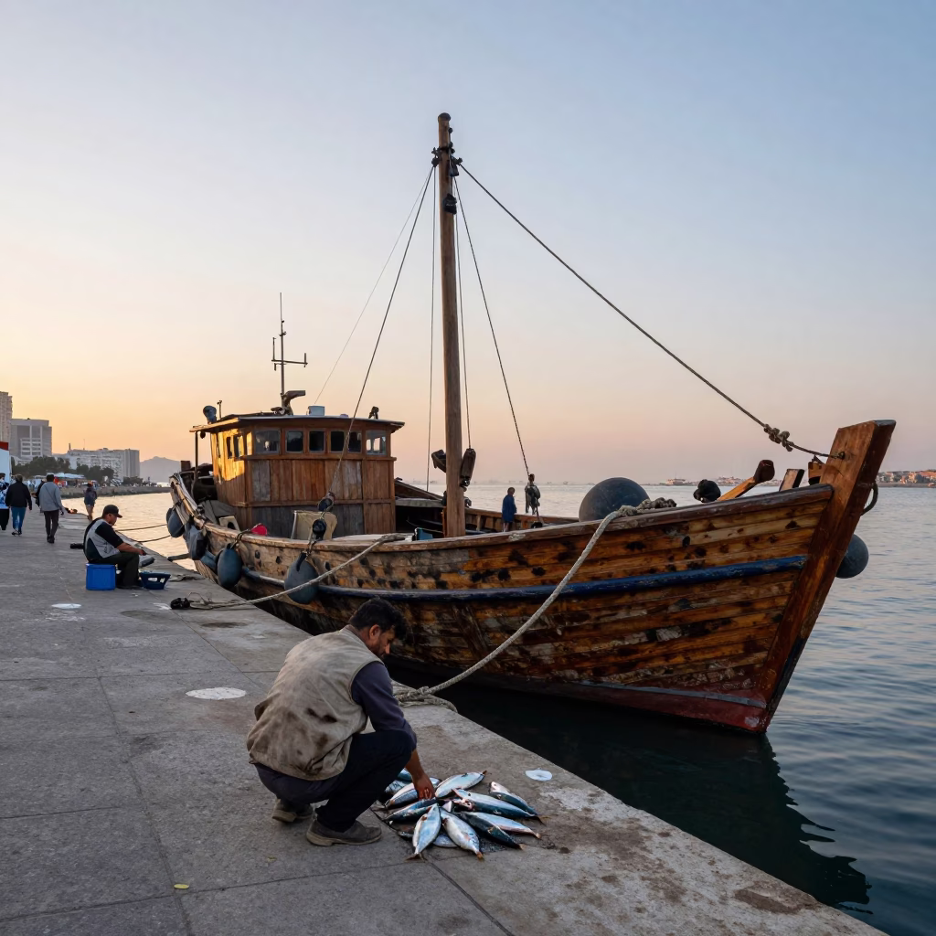 Beirut Lebanon Harbor Dawn Junk Boat Docked Morning Light First Light in in Beirut, Lebanon
