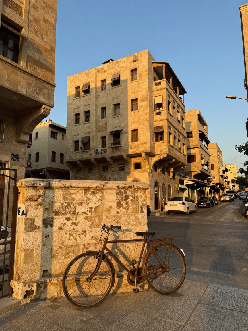 Beirut Lebanon Honeyed Evening Light Street Scene with Bicycle and Vanilla Orchid in in Beirut, Lebanon