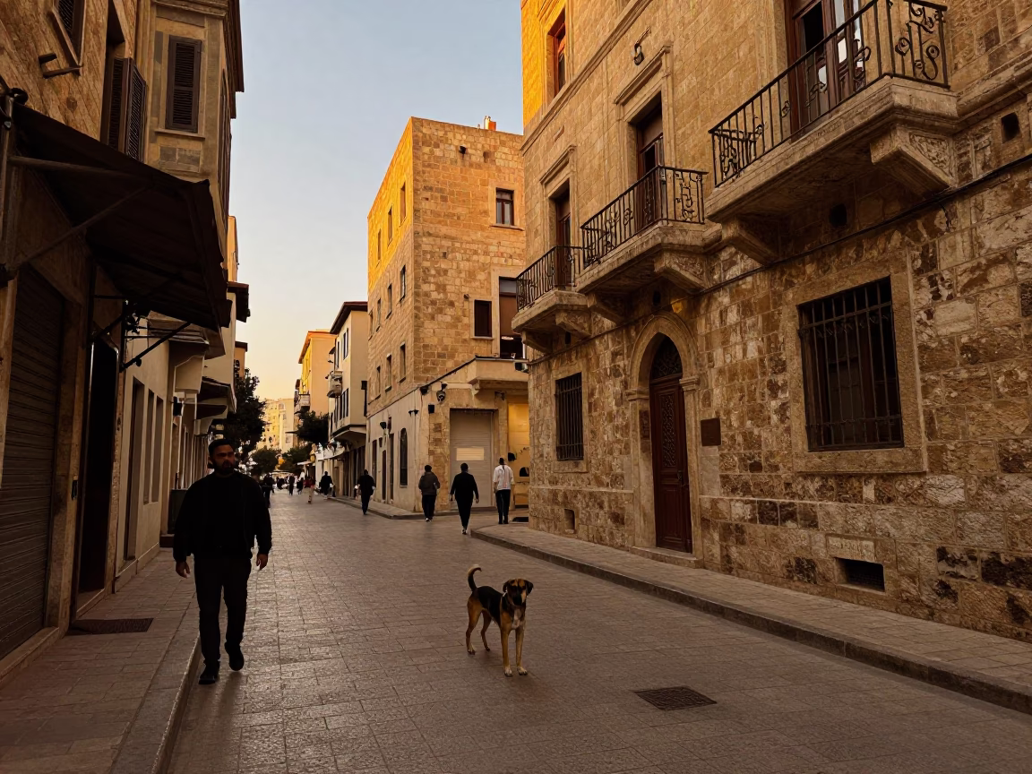 Beirut Lebanon Honeyed Evening Street Scene with Canaan Dog and Local Life in in Beirut, Lebanon