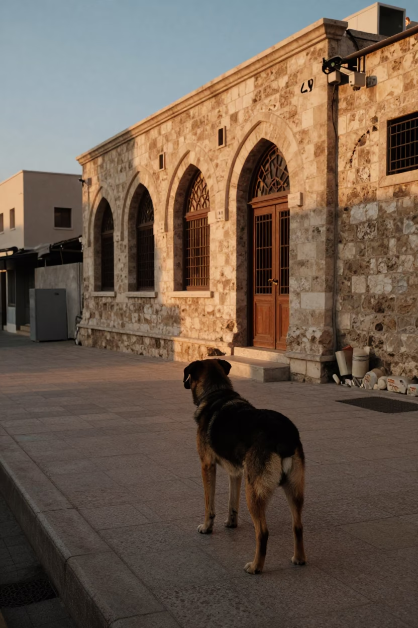 Beirut Lebanon honeyed evening street scene with Kromfohrlander dog and local architecture in in Beirut, Lebanon