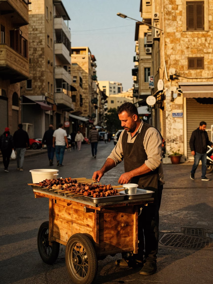 Beirut Lebanon Honeyed Evening Street Scene with Local Vendor and Traditional Elements in in Beirut, Lebanon