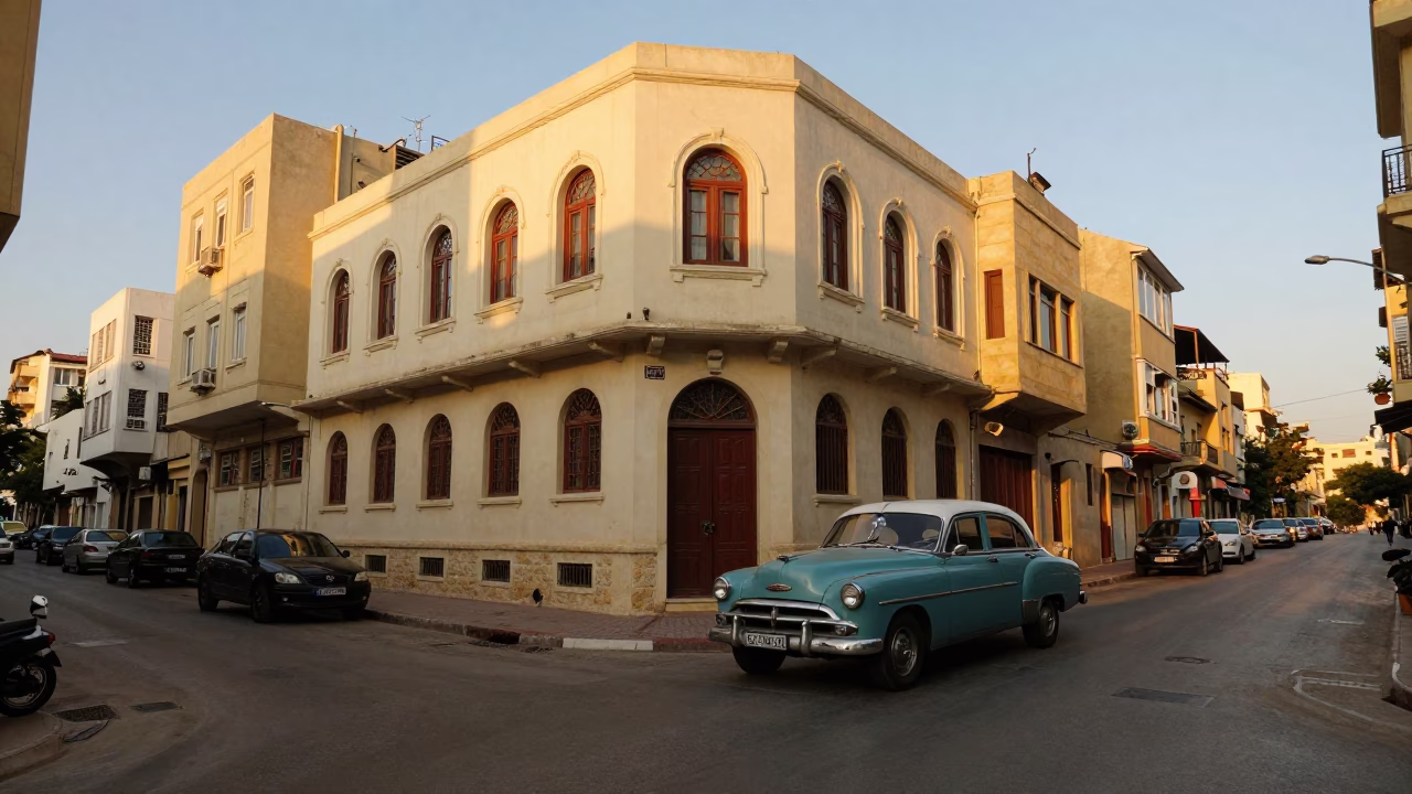 Beirut Lebanon honeyed evening street scene with vintage car and local pedestrians in in Beirut, Lebanon