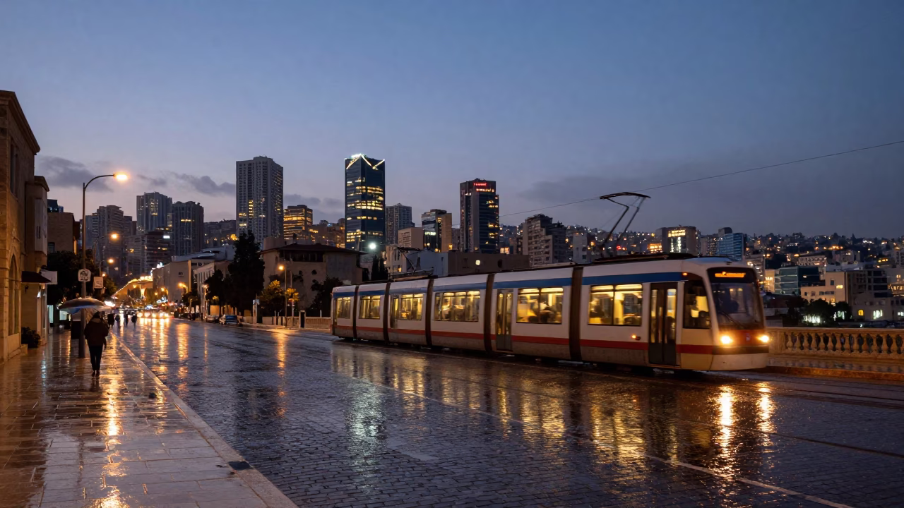 Beirut Lebanon Horizon at Dusk with Tramcar Reflection in Rain on Cobblestones in in Beirut, Lebanon