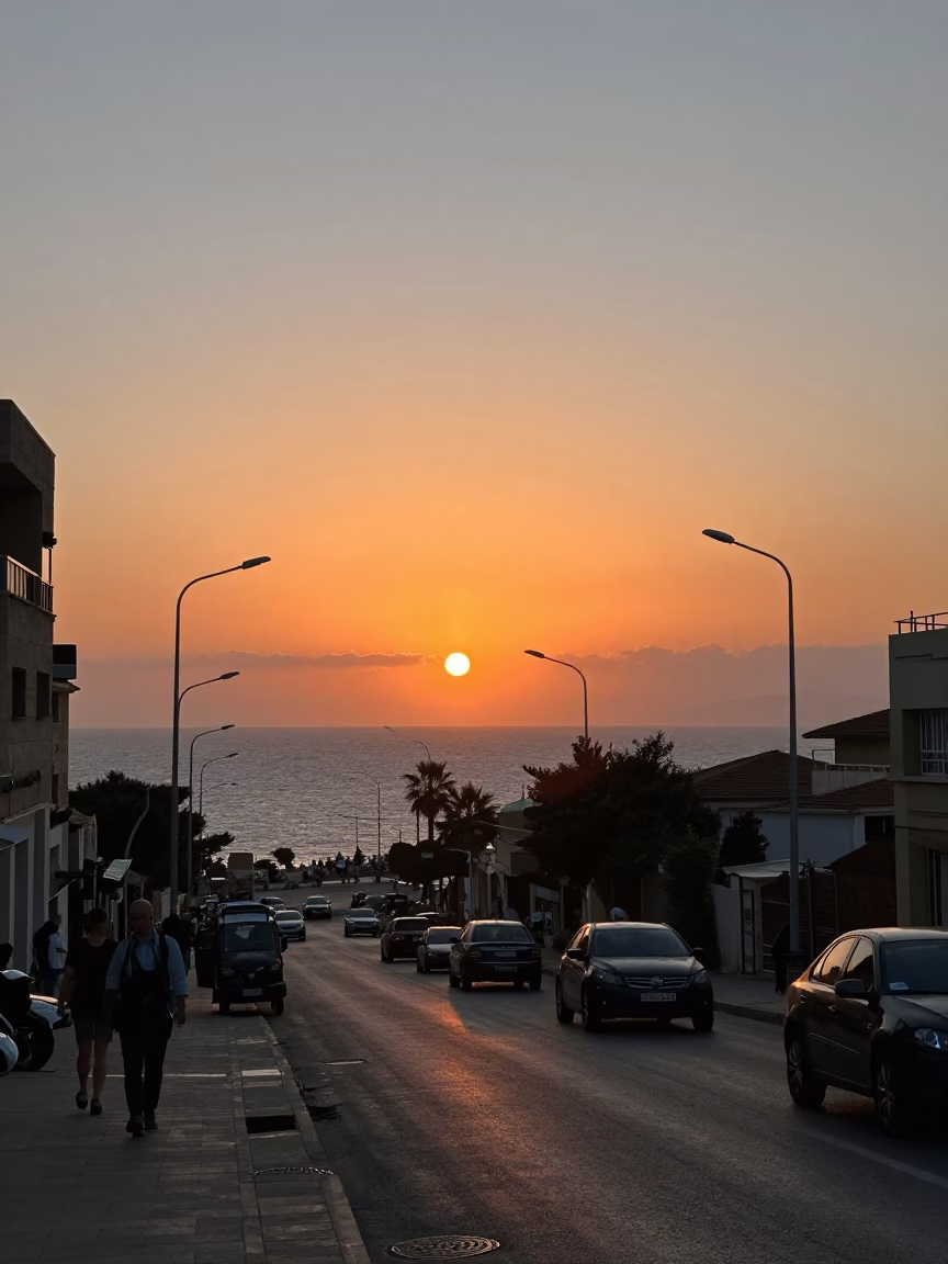 Beirut Lebanon Horizon Shot at Sunset with Street Life and Coastal Architecture in in Beirut, Lebanon