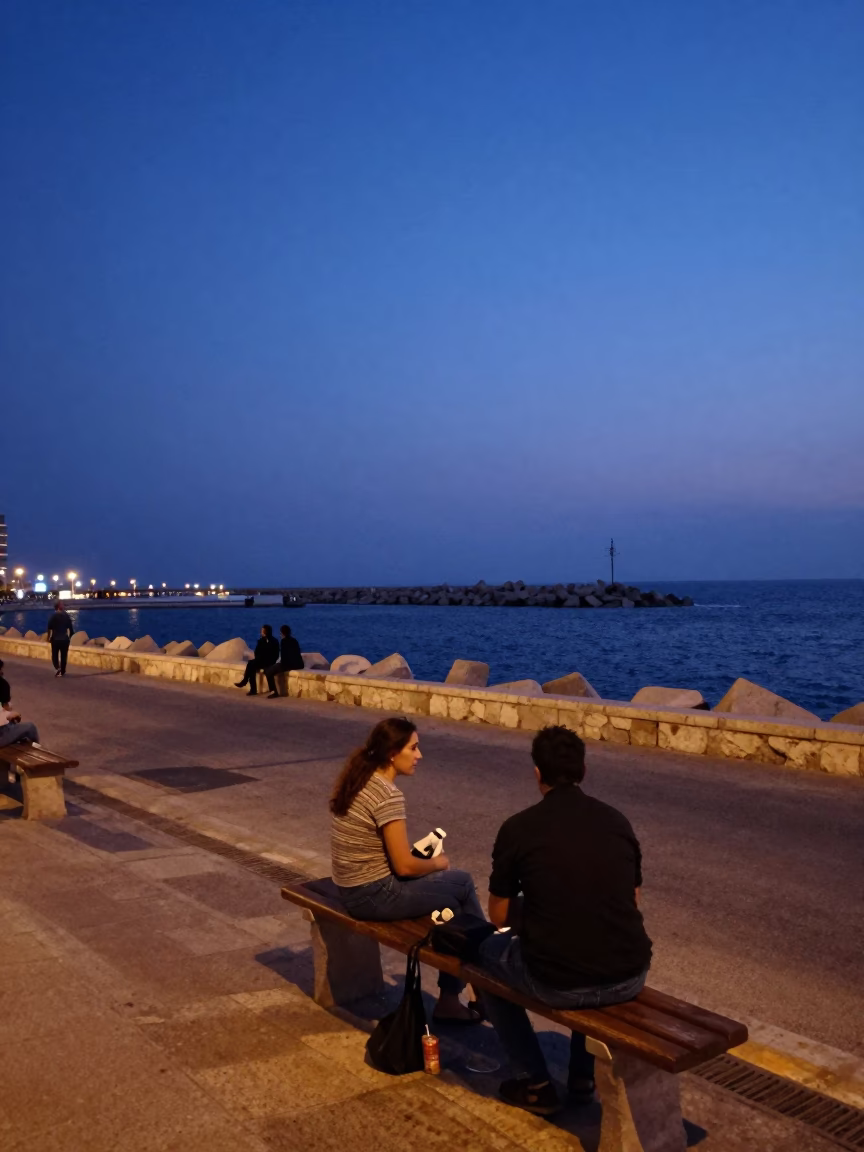 Beirut Lebanon indigo twilight harbor breakwater street scene with blue hour sky in in Beirut, Lebanon