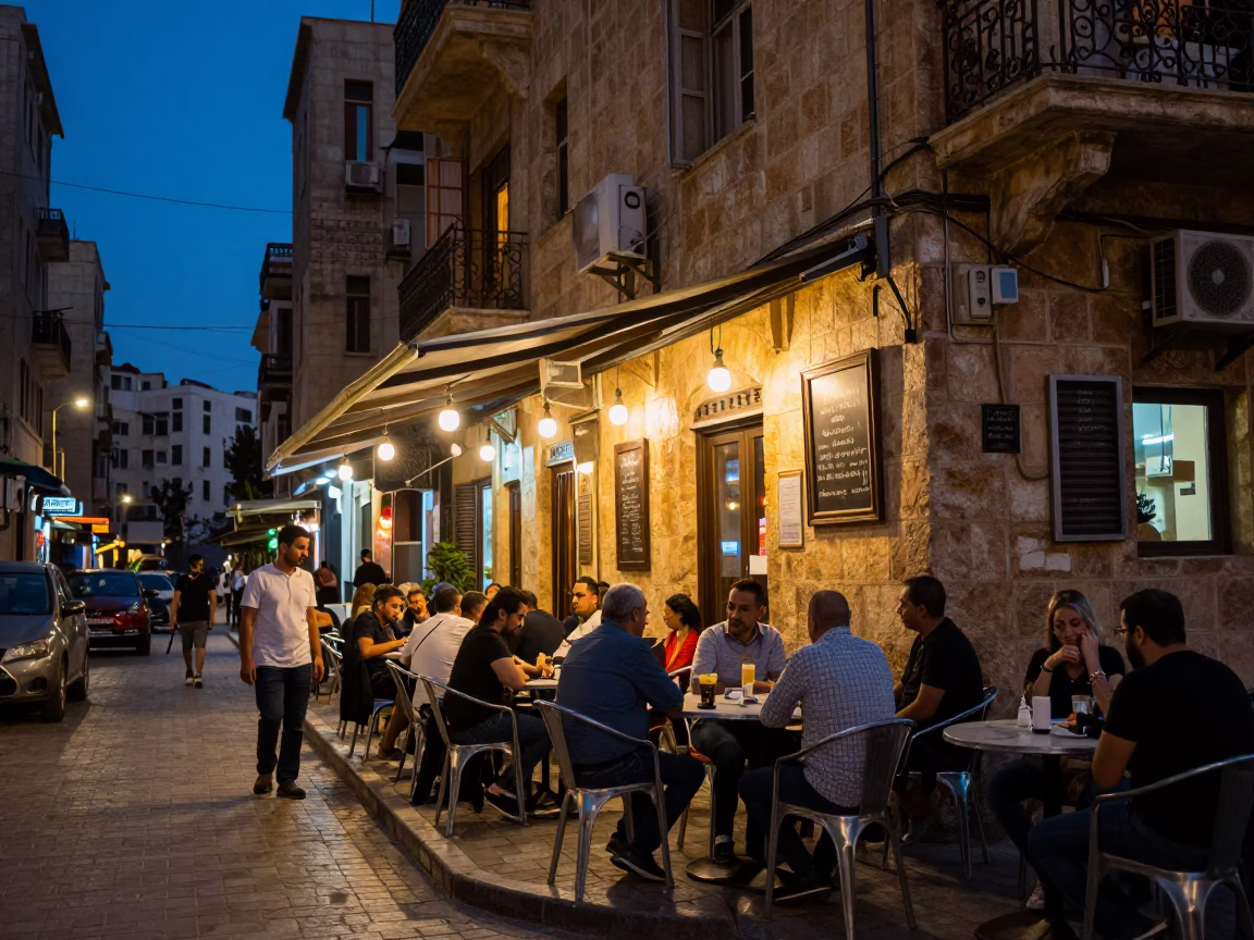 Beirut Lebanon indigo twilight street scene with bustling cafe and local life in in Beirut, Lebanon