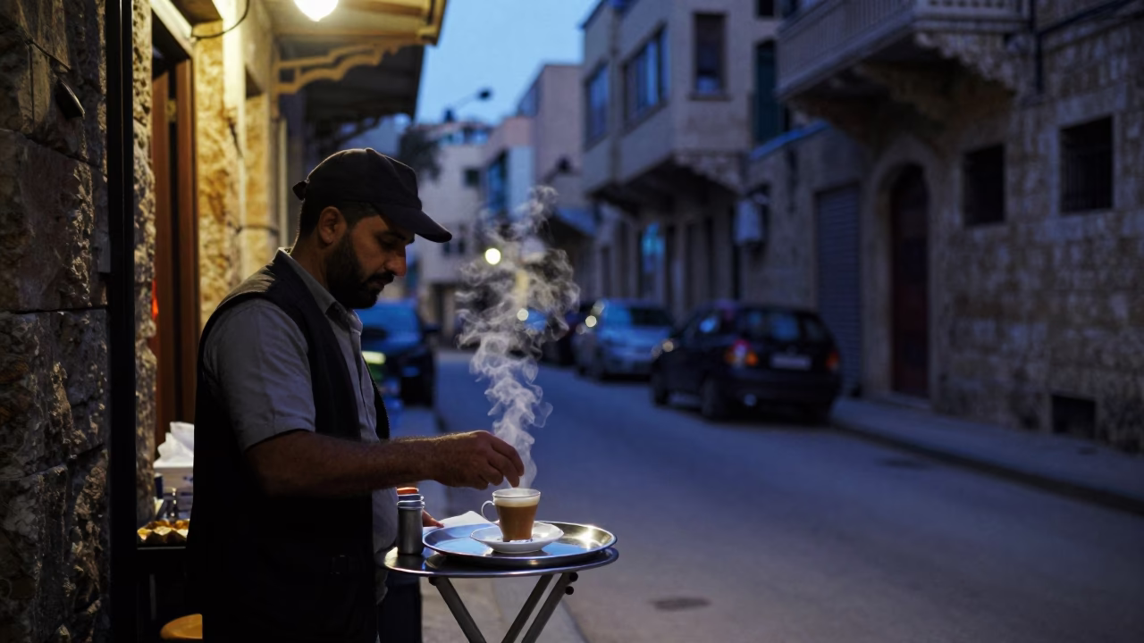 Beirut Lebanon indigo twilight street scene with chai steam and books in in Beirut, Lebanon