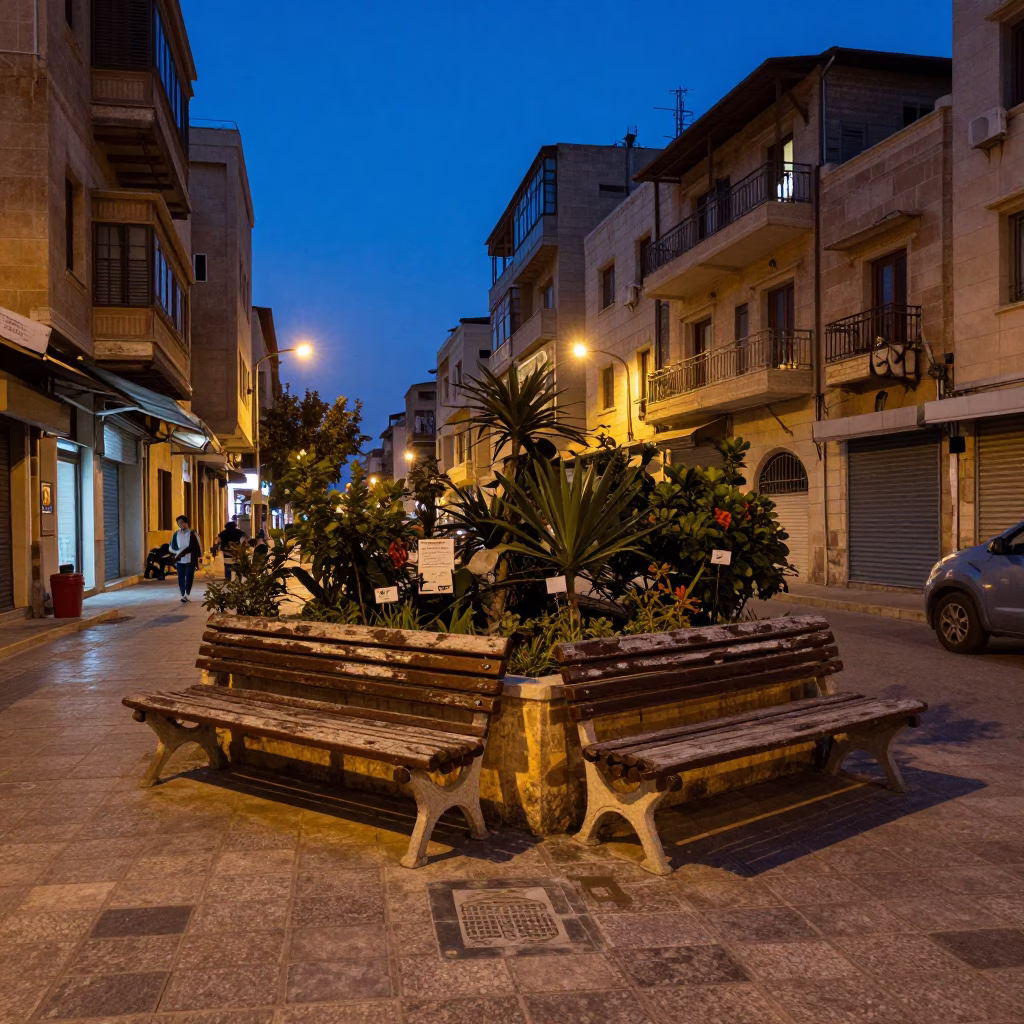 Beirut Lebanon indigo twilight street scene with garden benches and local interaction in in Beirut, Lebanon
