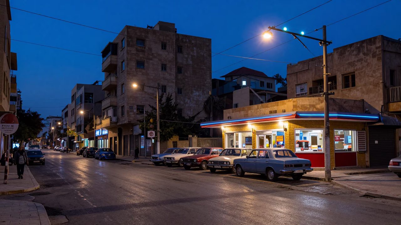 Beirut Lebanon indigo twilight street scene with glowing electrical busbars and local life in in Beirut, Lebanon