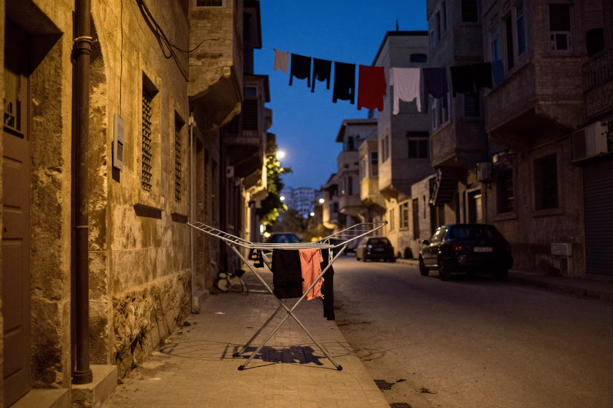 Beirut Lebanon indigo twilight street scene with hanging laundry and local architecture in in Beirut, Lebanon