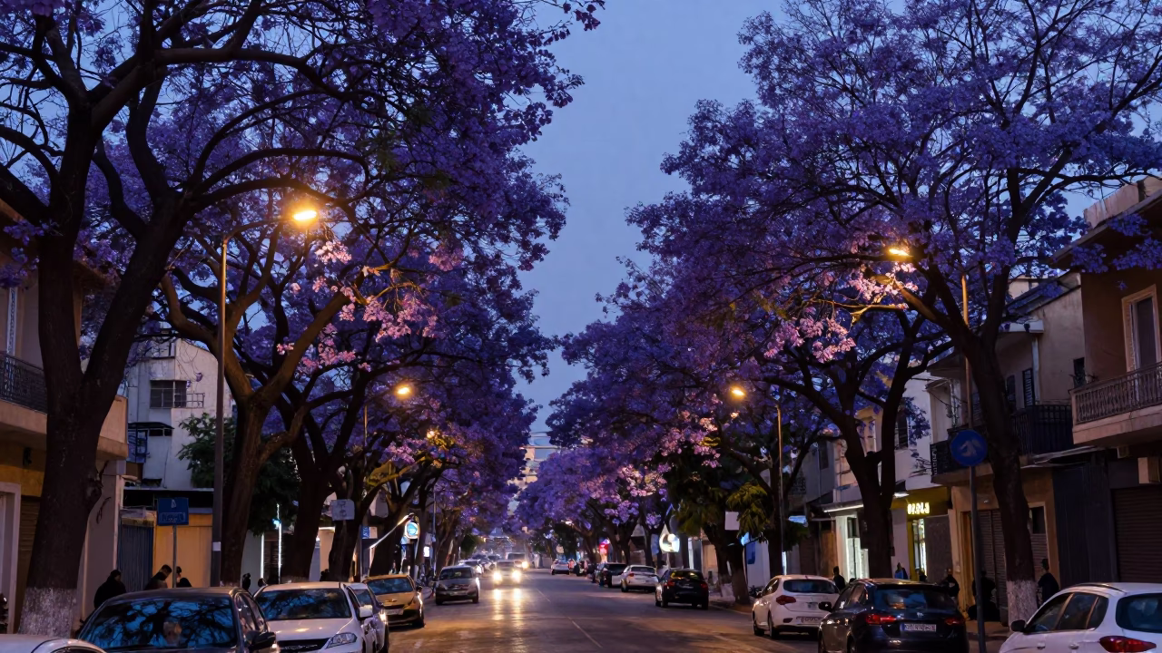 Beirut Lebanon Indigo Twilight Street Scene with Jacaranda Boulevard and Local Life in in Beirut, Lebanon