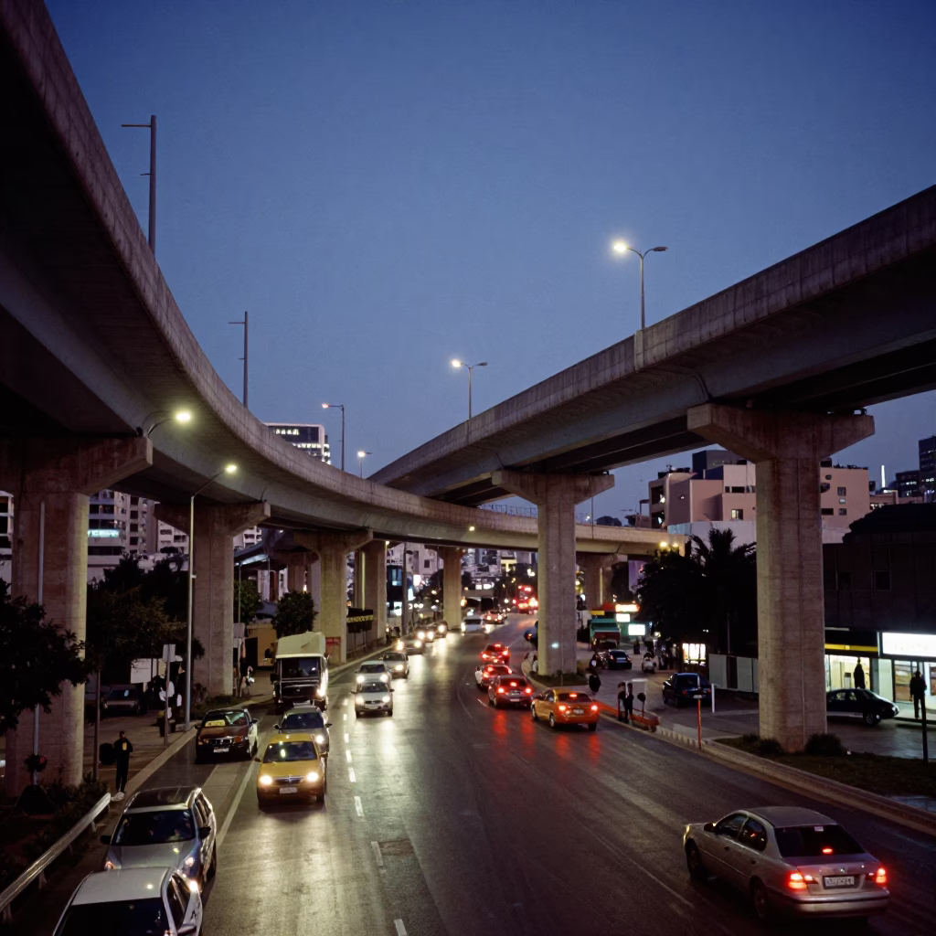 Beirut Lebanon indigo twilight street scene with overpass interchange taillights rain in in Beirut, Lebanon