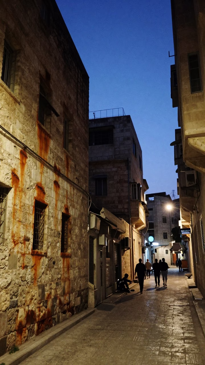 Beirut Lebanon indigo twilight street scene with rusted plaster walls and urban decay in in Beirut, Lebanon