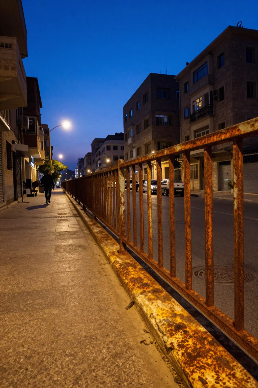 Beirut Lebanon indigo twilight street scene with rusted railings and bottle brush plants in in Beirut, Lebanon