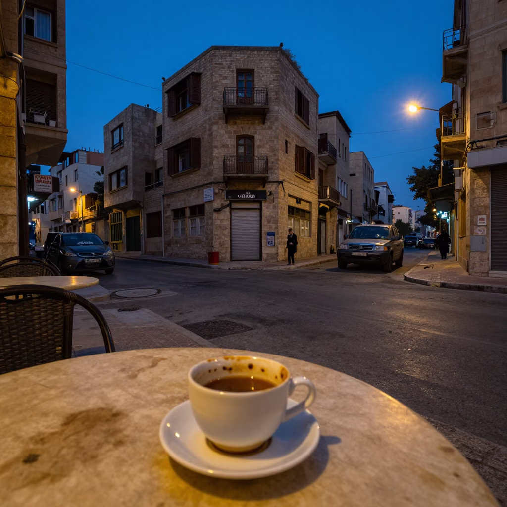 Beirut Lebanon indigo twilight street scene with tea stains and charm bracelet details in in Beirut, Lebanon
