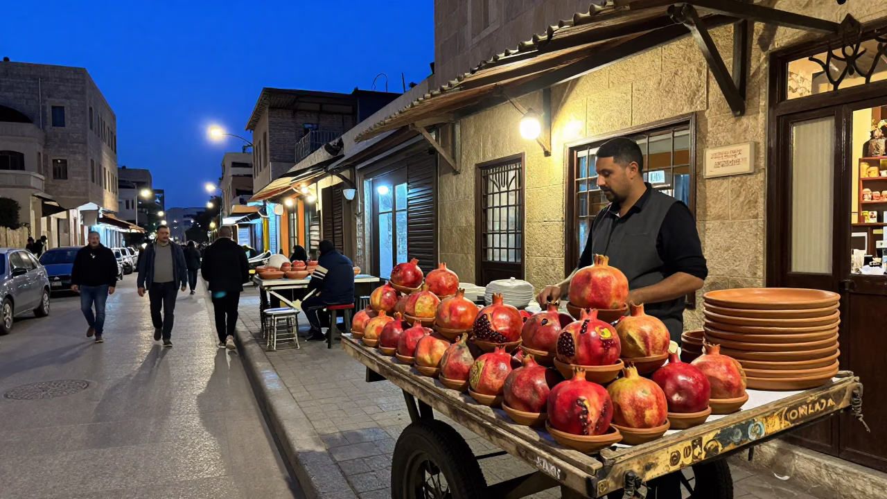 Beirut Lebanon indigo twilight street scene with terracotta bowls and pomegranate in in Beirut, Lebanon