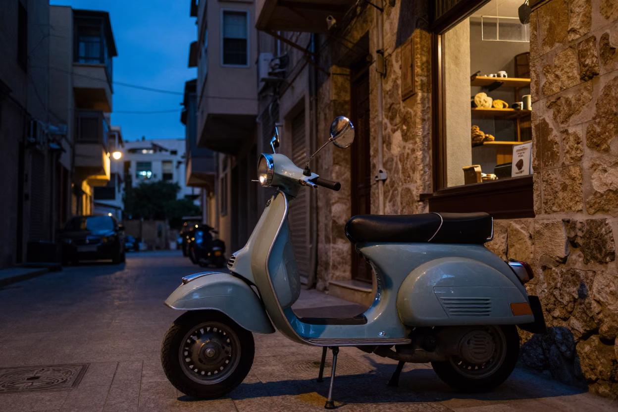 Beirut Lebanon indigo twilight street scene with vintage Vespa and urban life in in Beirut, Lebanon
